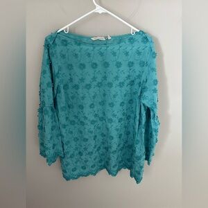 Soft Surroundings Teal Floral Embroidered Blouse XL